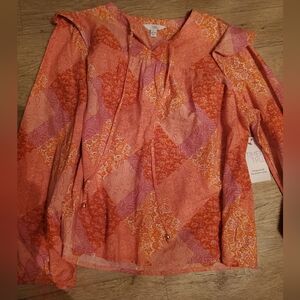 TIME TRU Blouse Womens Long Sleeve Top Shirt Size Large 12-14 Orange Multi New